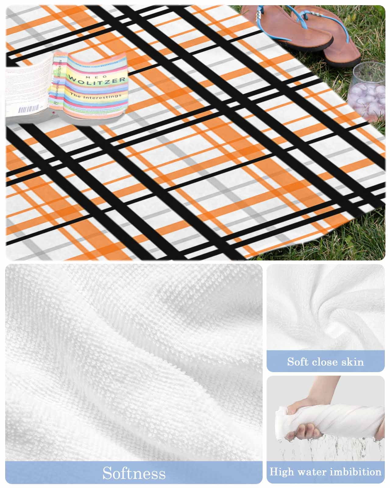 Orange Black Plaid Beach Towels Oversized Super Absorbent, Farmhouse Orange Black Checkered Lightweight Bath Towel Quick Dry Sets For Bathroom/Pool/Rv Camping/Beach Play/Gym Room/Picnic 23"x47"
