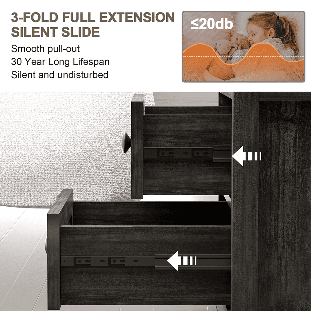 REDAYFUR End Table with Fast USB C Charging Station,24” Tall Sofa Side Table with 2 Drawers, Large Storage Rustic Wood Square Storage Cabinet for Living Room,Bedroom,Office, Black