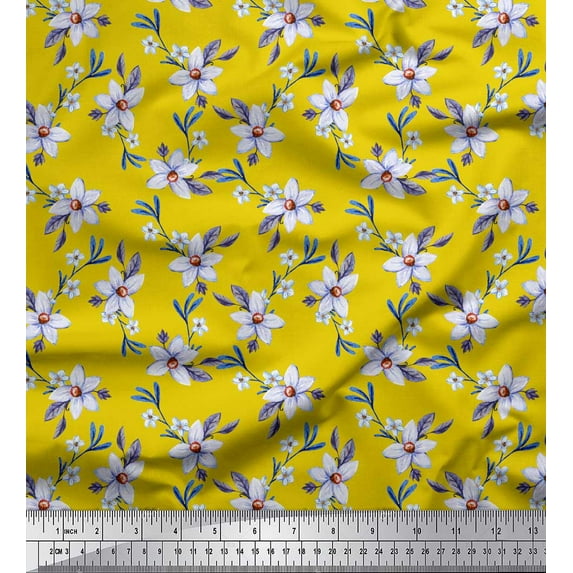Soimoi Yellow Cotton Duck Fabric Leaves & Periwinkle Floral Print Fabric by Yard 42 Inch Wide