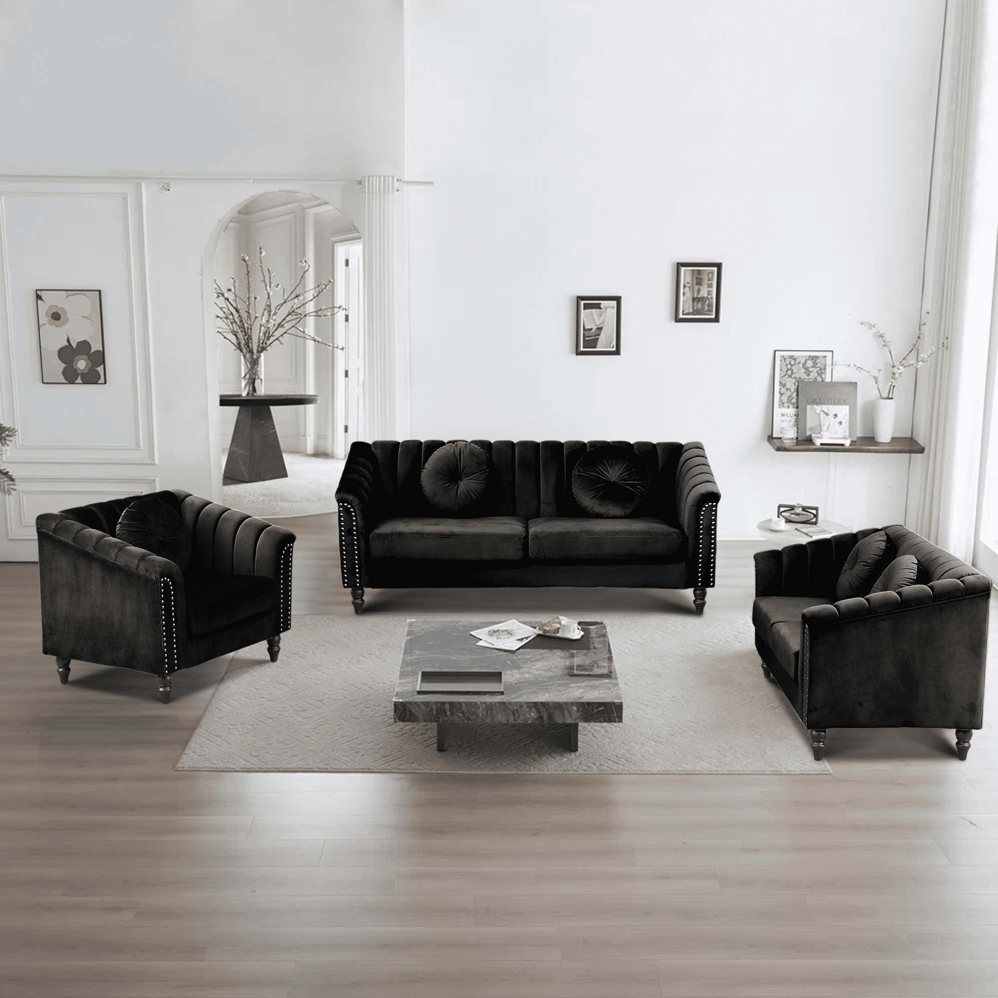Aukfa 2 Pieces Sectional Sofa Couch Set, 21" Deep Seat Sofa for Living Room, 3 Seat Sofa, Loveseat,Black