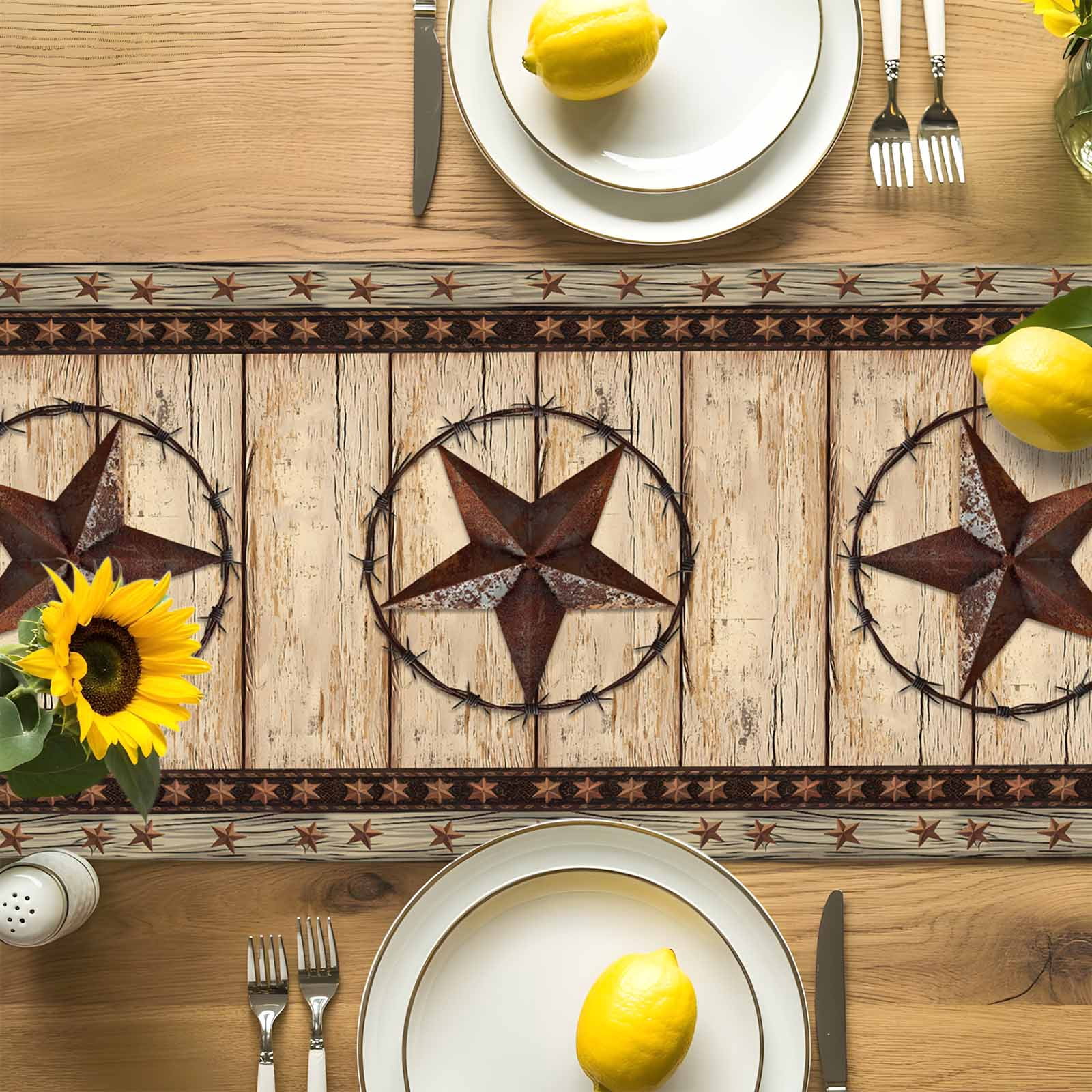 Retro Rustic Texas Country Star Table Runner 90 Inches Long, Farmhouse Vintage Wood Barn Table Runners Tabletop Scarf Kitchen Dining Tables Decoration for Home Party Indoor Outdoor