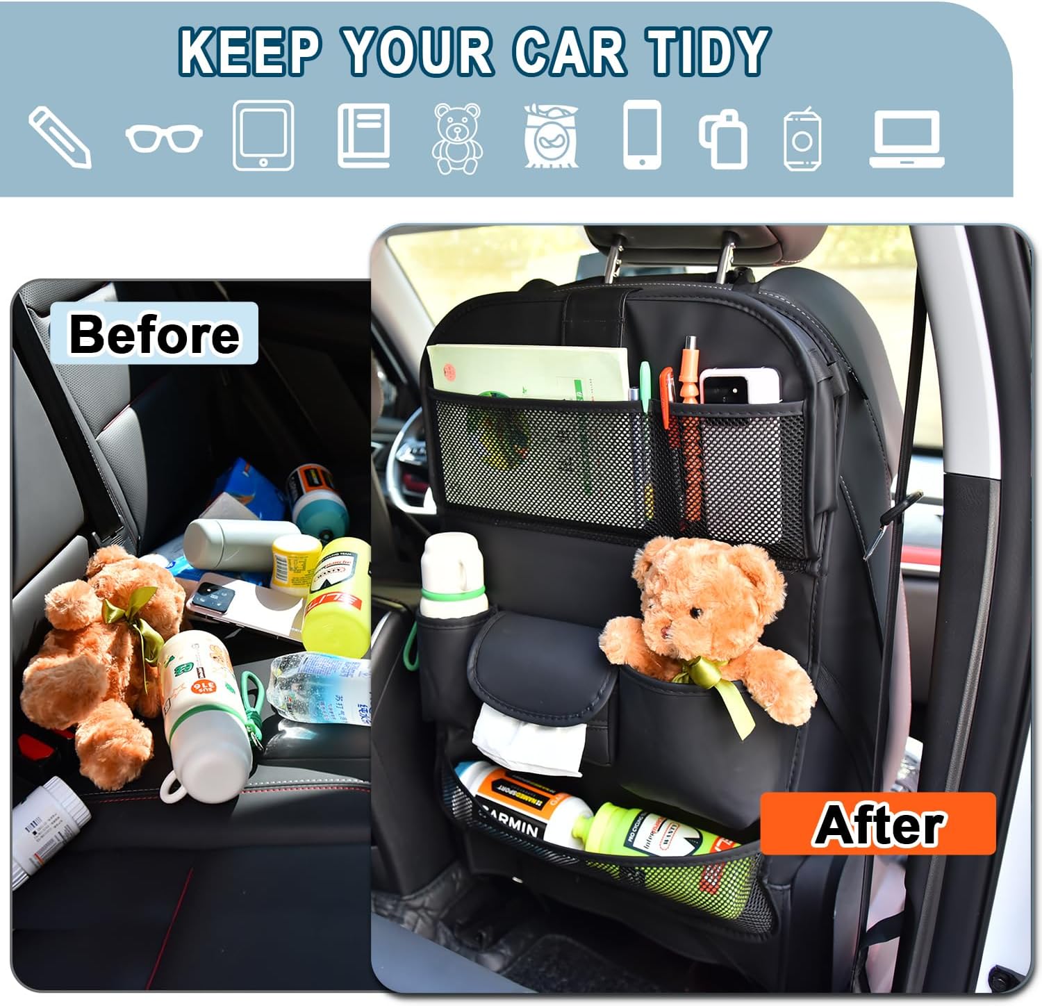 Car Backseat Organizer with Foldable Table Tray, Premium Leather Car Seat Back Protectors Kick Mats, Toy Storage Box with 10 Inch Touch Screen, Tablet Holder