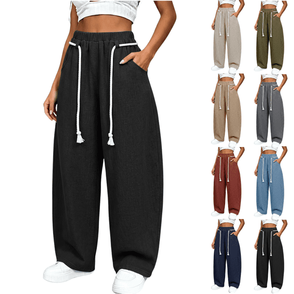 SeekIslan Women's Baggy Barrel Leg Pants with Drawstring Elastic Waist Casual Lounge Pants for Summer