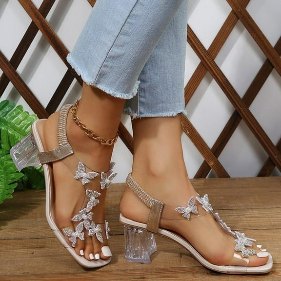 AXXD White Sandals for Women Summer Casual Square Toe Elastic Band Rhinestone Thick Heel Sandals