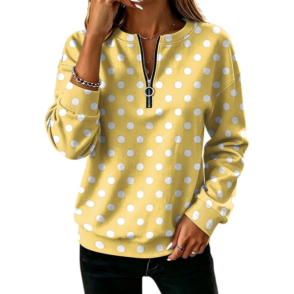 Women's Polka Dot Quarter Zip Sweatshirt Long Sleeve Casual Pullover Top for Fall Soft Relaxed Fit Sweatshirt