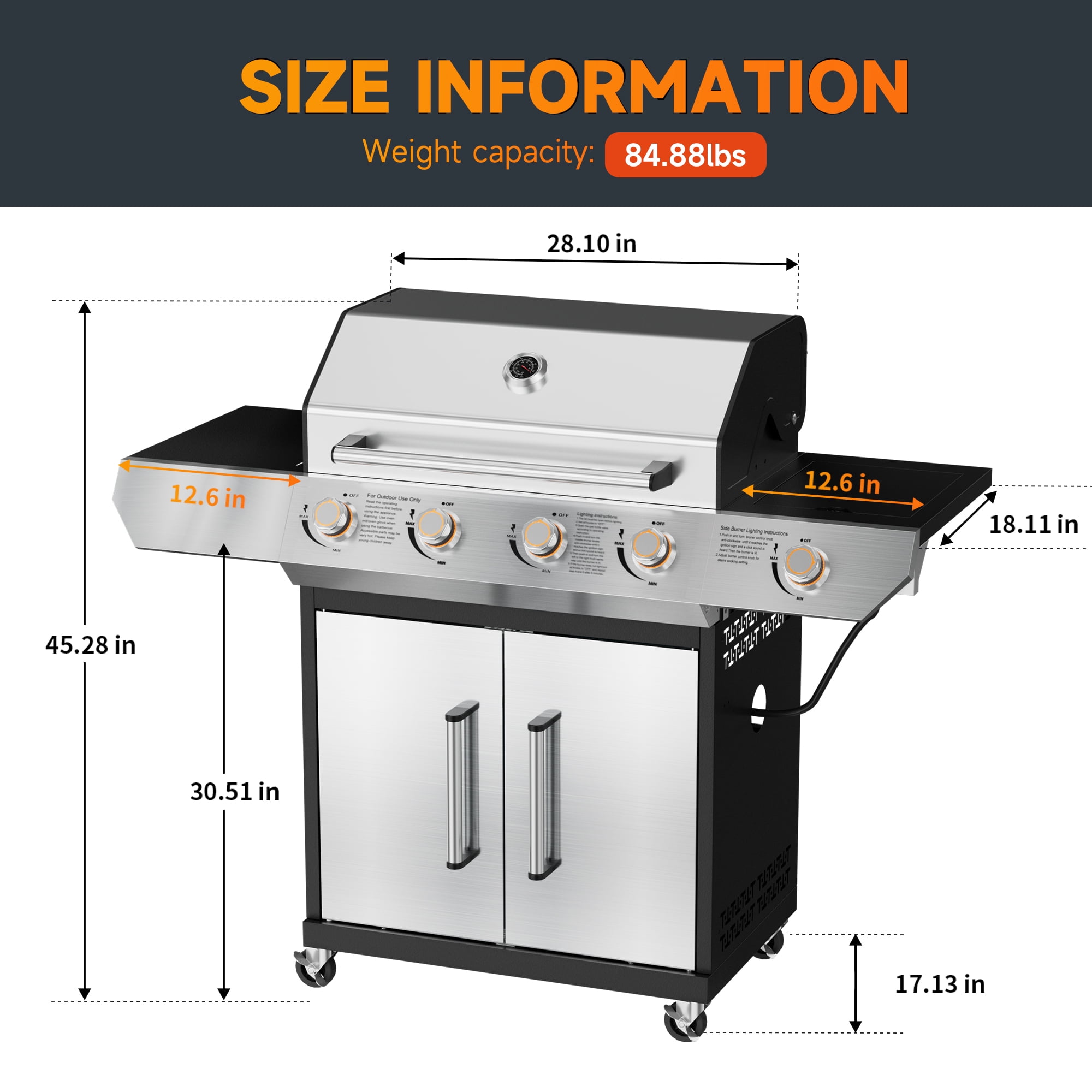 SKOK 4-Burner Gas Grill with Side Burner & Porcelain-Enameled Cast Iron Grates, 60,000 BTU, 629 sq. in. Cooking Area & LED Light Knobs for Outdoor Cooking