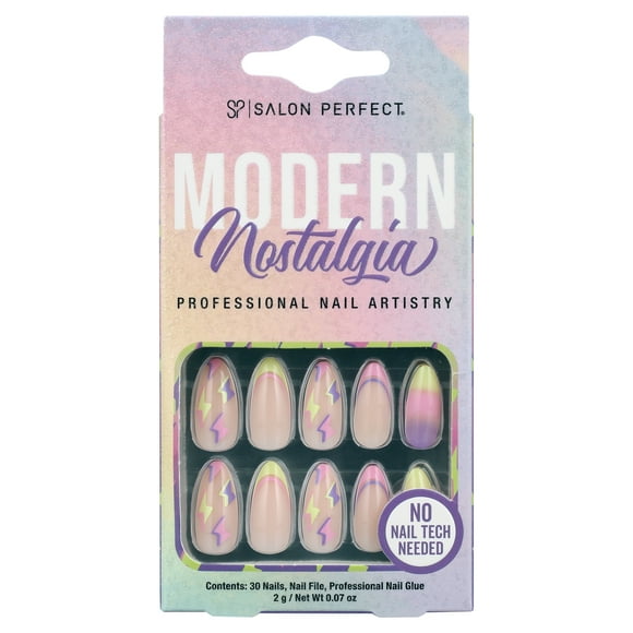 Salon Perfect Press On Nails, 211 Modern Nostalgia Fake Nail Kit, Neon Lightning, File & Nail Glue Included, 30 Nails