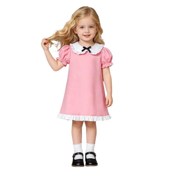 MEZZALL Kids Straight Dress Short Puff Sleeve Ruffle Collar Hem Design Girls Princess Style Holiday Outdoor Party Sundress Versatile Dresses