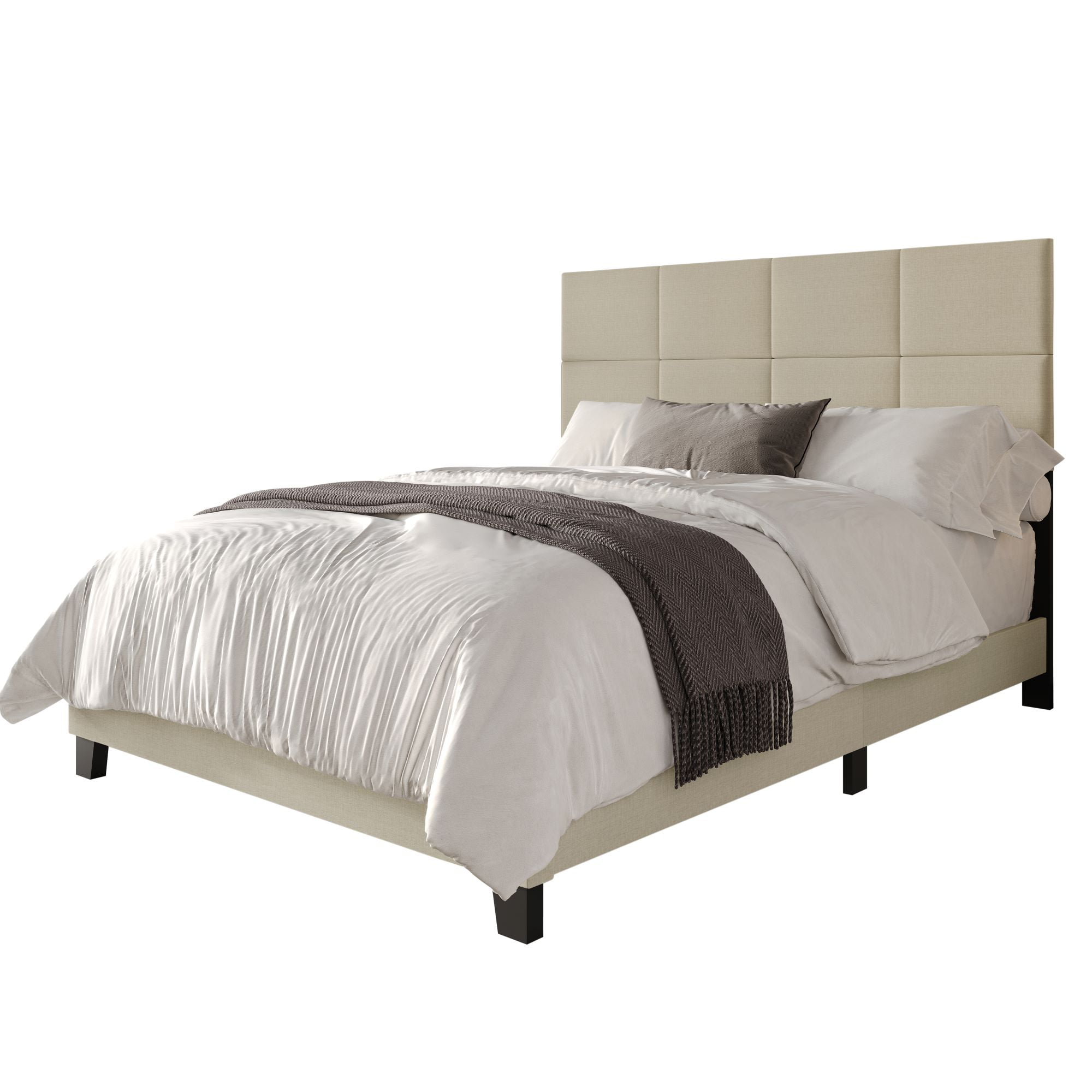 Home Design Lufkin Full Upholstered Panel Bed Frame with Checkered Tufted Headboard & Foam-Filled Comfort, Beige, Easy Assembly