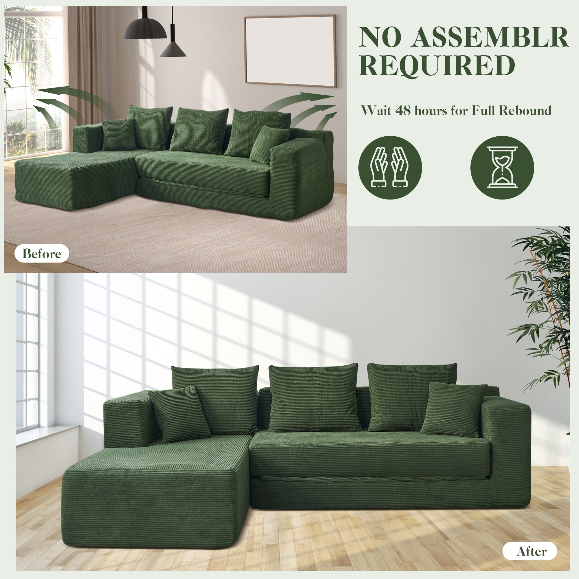 106.5” Sectional Sofa, YINIX 3 Seater L-Shaped Sofa with Chaise for Living Room, Green