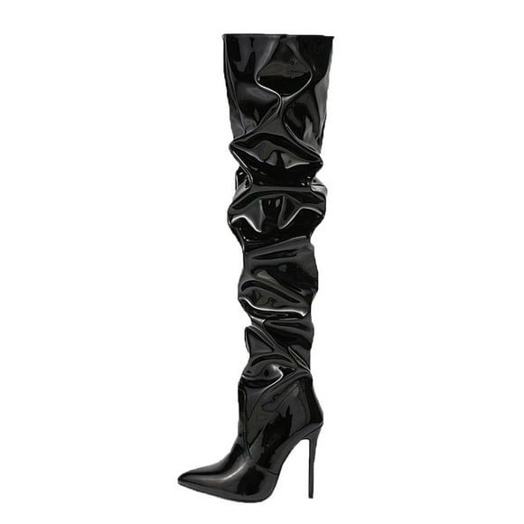 DPTALR Women's Sexy Nightclub Patent Leather Over The Knee Pleated Side Zipper High Heeled Boots