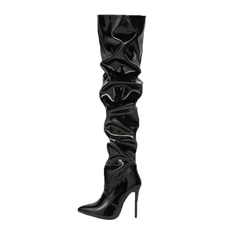 

Fesfesfes Cowgirl Boots for Teen Girls Sexy Nightclub Patent Synthetic Over The Knee Pleated Side Zipper High Heeled US:7.5(40)