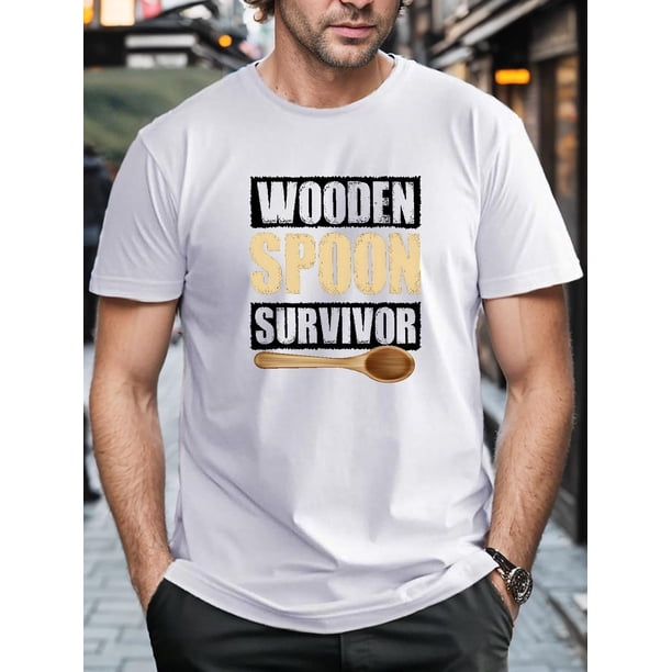 'WOODEN SPOON SURVIVOR' Print Men's T-Shirts, Casual Crew Neck Short Sleeve Loose Summer Tops, Men's Fashion Clothing Tee For Adult, Men, Women, Teen, Teenager, Adolescent, Youth