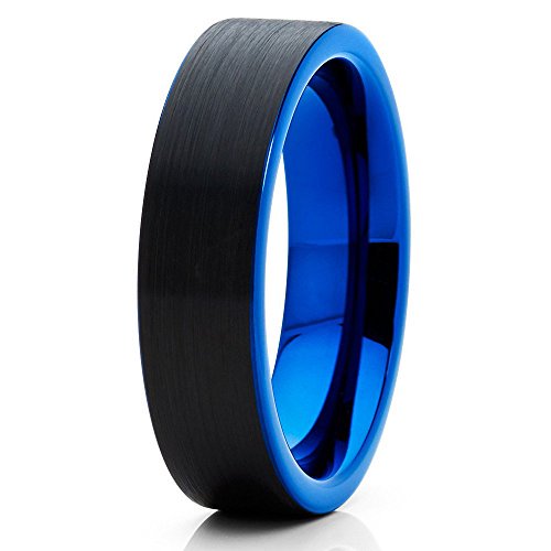 Tungsten Wedding Band Blue Tungsten Ring Tungsten Carbide Ring 8mm Brushed Black Ring Men & Women Comfort Fit