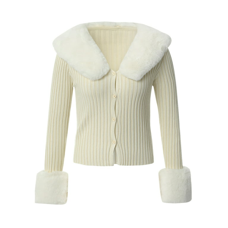 Aunavey Women's Faux Fur Trim Collar Cuffs Cardigan Sweaters Button Down  Jumper Top Slim Y2K Coat Outwear