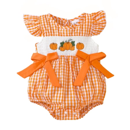 MEZZALL Baby Girl Halloween Outfits O-neck Pumpkin Embroidery Plaid Smocked Romper Flutter Sleeve Bodysuit One-Pieces O-Neck Onesie Toddler Festival Clothes Boho / 6-12 Months
