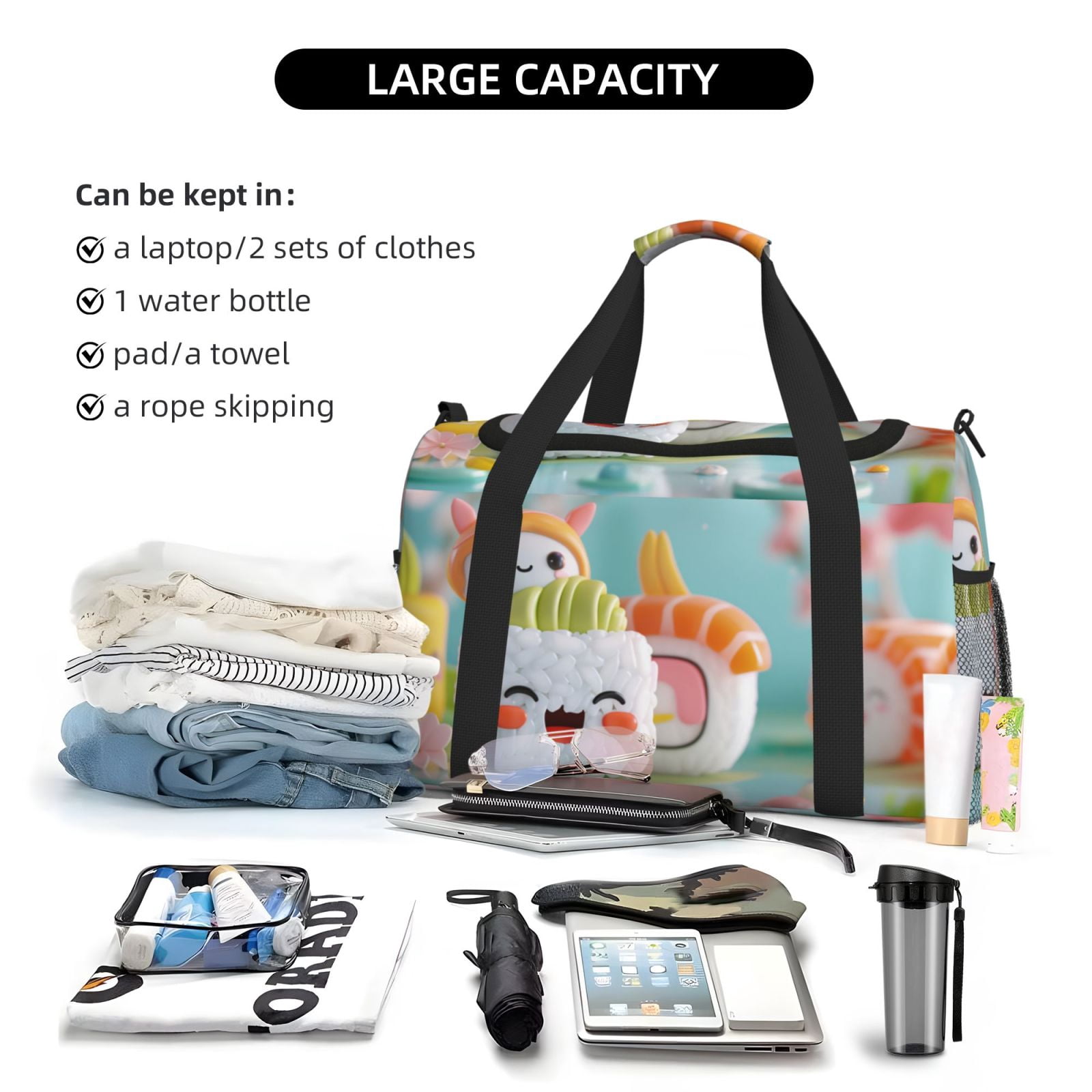 Fuzoiu Kawaii Sushi Characters Delight Print Travel Duffle Bag,Carry On Tote Bags,Duffel Bag,Sport Gym Bag, Hospital Bag for Labor and Delivery, Overnight Bag,Luggage Bag