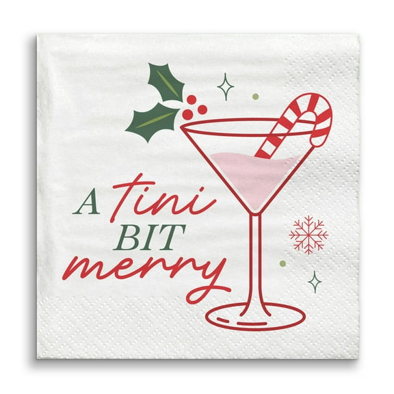 Big Dot of Happiness A Tini Bit Merry Napkins, Christmas Cocktail Party Decor, Festive Holiday Candy Cane Martini, White 3-Ply Paper Beverage Napkins - 24 Count