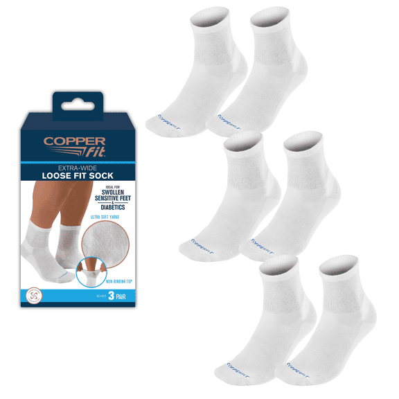 Copper Fit® Extra Wide Loose Fit Socks for Sensitive and Swollen Feet and Lower Legs, 3 Pairs, White, S/M, Unisex