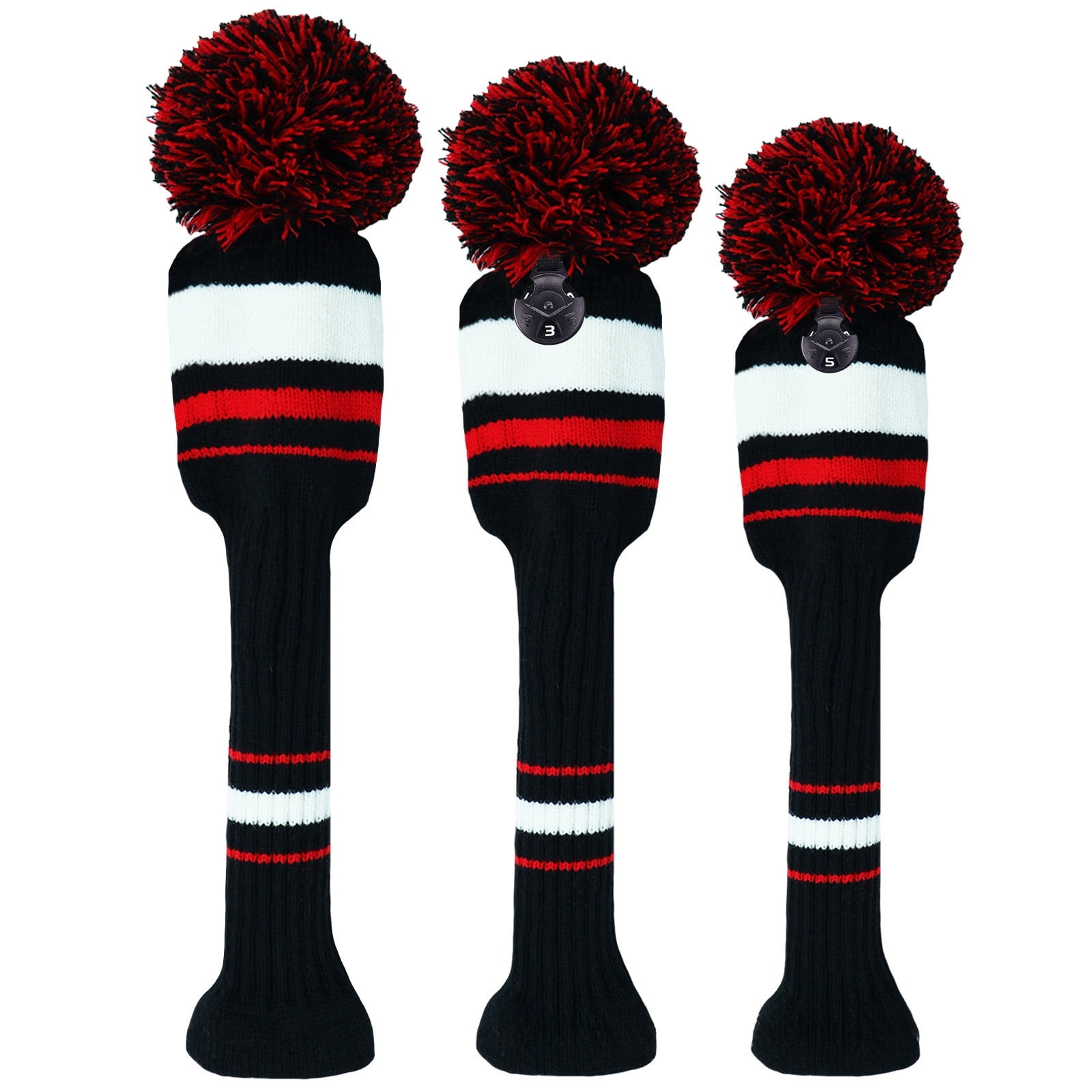 3-Piece Knit Golf Club Headcovers Set - Pom Pom Driver, Fairway Wood & Hybrid Covers for Clubs - Scottish Style Striped Pattern with Rotating Number Tags