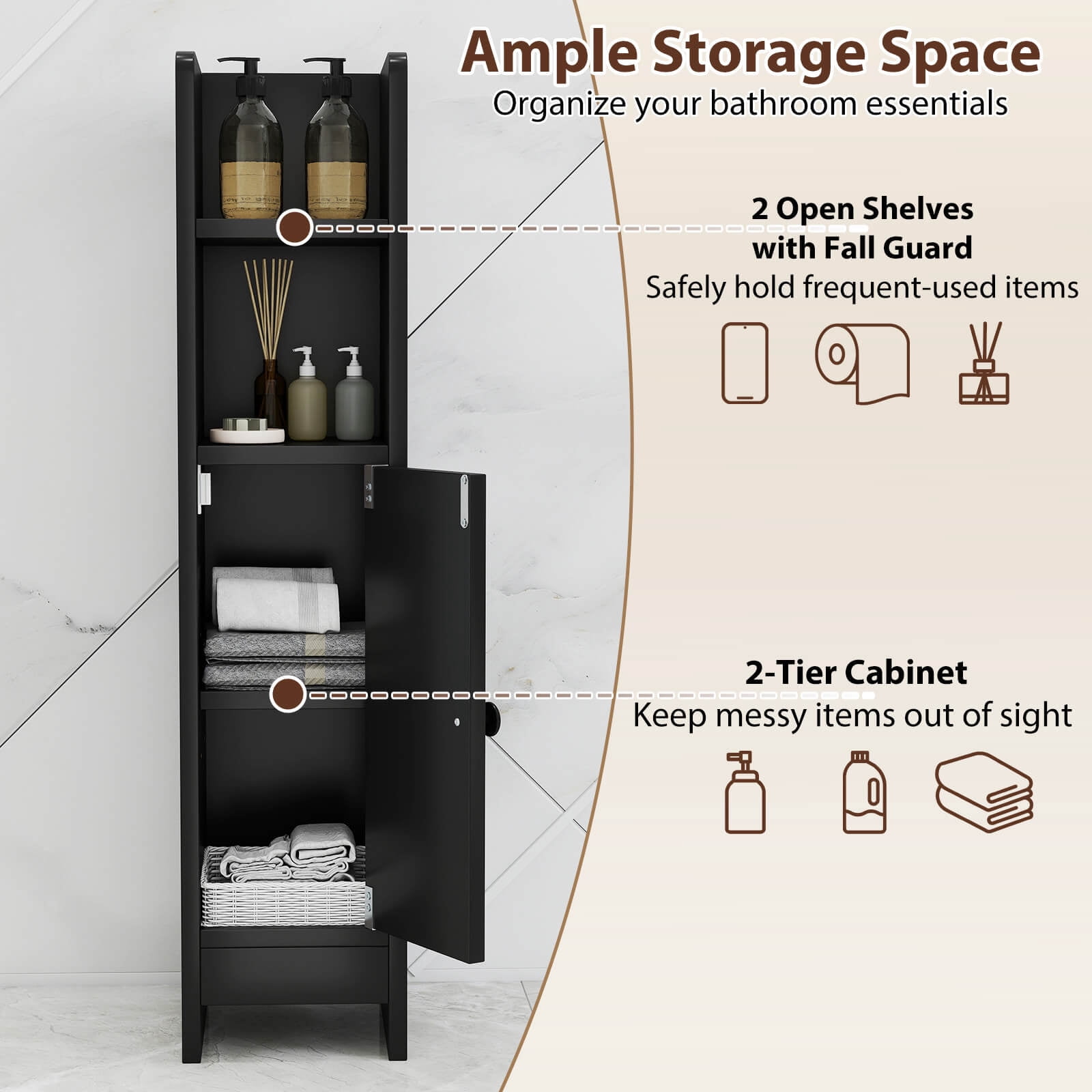 Costway Bathroom Storage Cabinet with Adjustable Shelf 1 Door & 2 Open Shelves Living Room Black