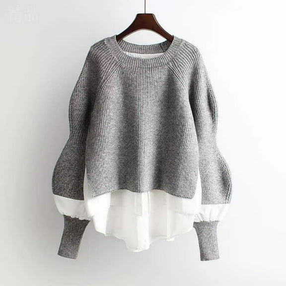 Oksale Asymmetrical Sweaters for Women Casual Crewneck Sweater Trendy Lantern Sleeve Knitwear Dressy Patchwork Jumper Cozy Soft Warm Tops Gray Free Size