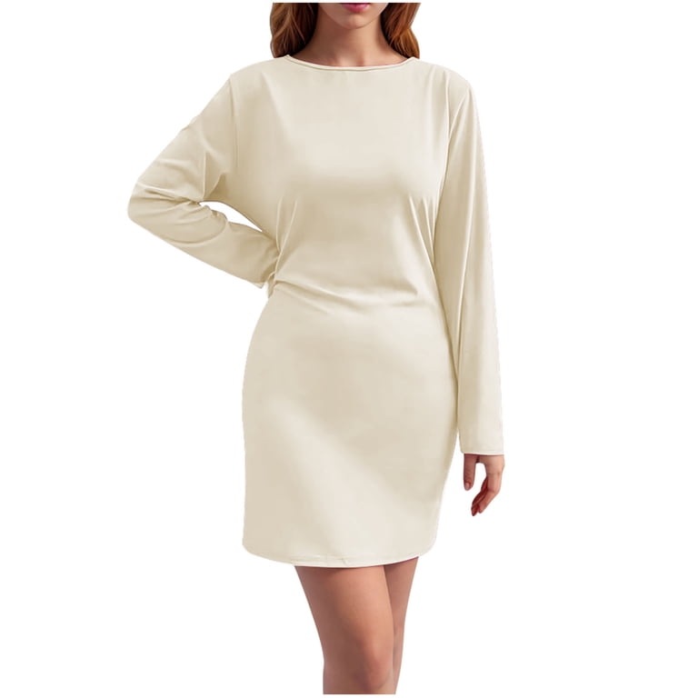 Cavosen Going out Dresses for Women Beige Long Sleeve Mini Dress Wrap Boat Neck Knee Length Short Dress Solid Clubwear Casual Trendy Dress Party