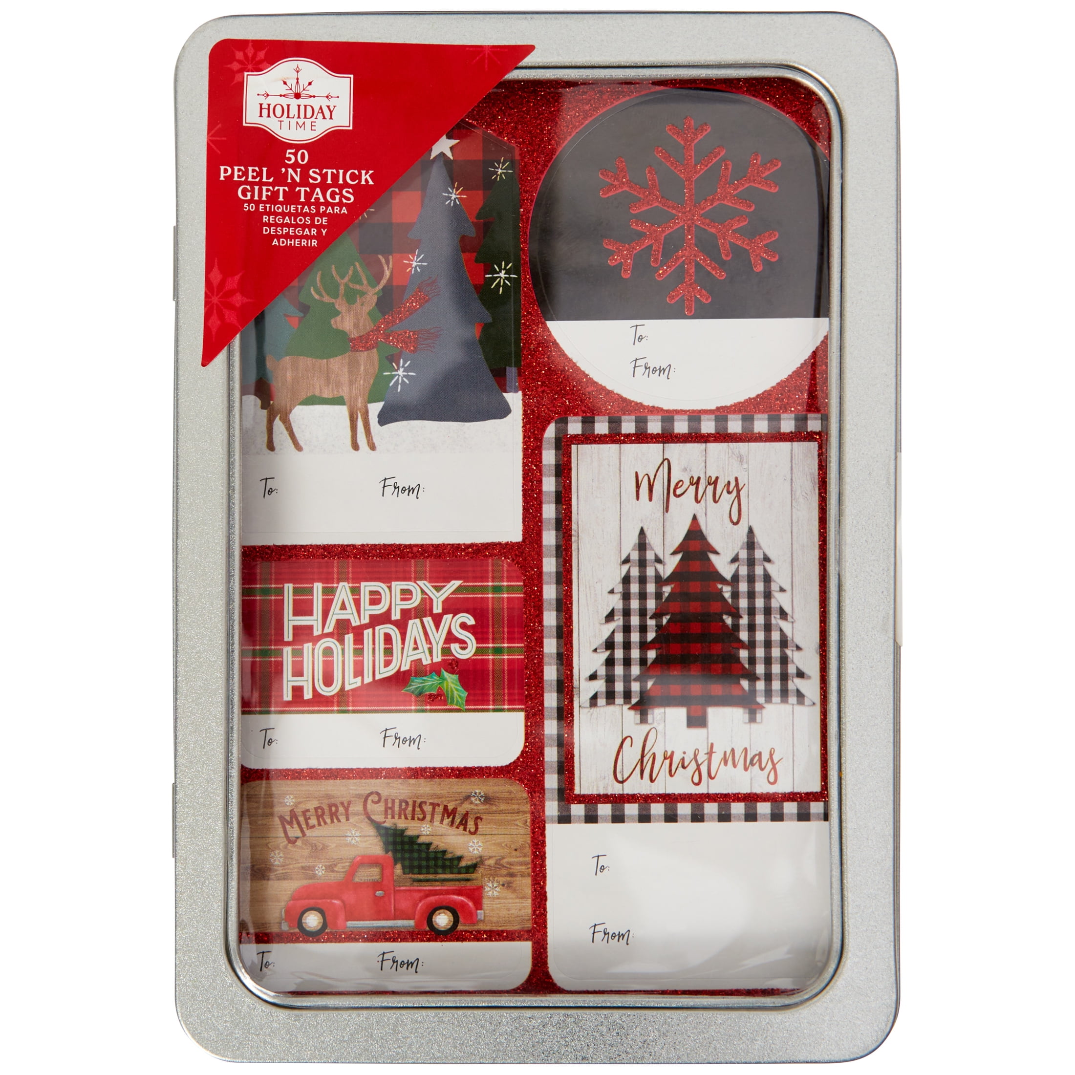 Holiday Time Traditional Themed Peel 'N Stick Gift Tags, Cute Red Glitter Embellished Classic Christmas Images, Self Stick Labels, 50 Count