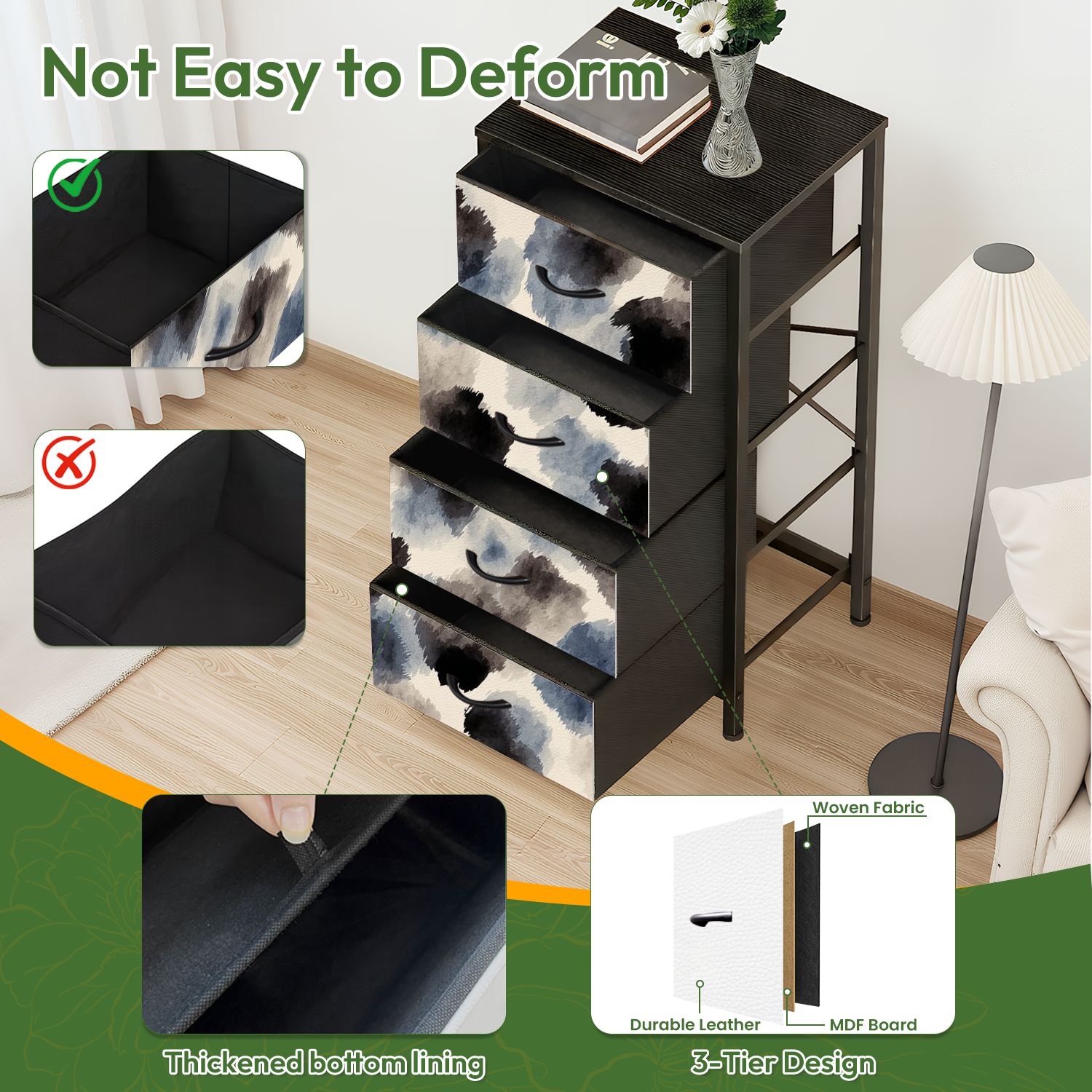 4 Drawer Vertical Storage Dresser Cute black brush strokes cream watercolor color brush with Wood Top Fabric Pull Drawers
