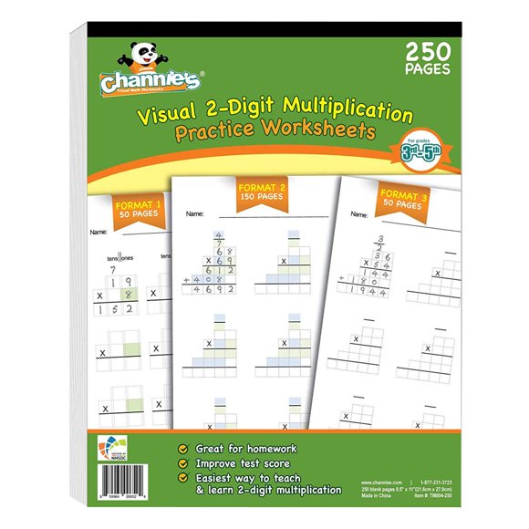 Channie’s One Page A Day Double Digit Multiplication Math Practice Blank Template, 250 Loose Pages Ream, Grades 3rd, 4th, and 5th, Size 8.5” x 11”