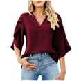 thumbnail image 2 of ALLLIST Tops for Women 3/4 Sleeve Loose Fit V-Neck Blouses Solid Red Ruffle Shirts Womens Clothing, 2 of 7