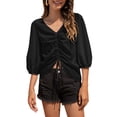 thumbnail image 1 of Blusa fruncida con cordón delantero Linterna Manga 3/4 Gasa Cuello en V Camisa con cordón fruncido Top para mujer, 1 of 8