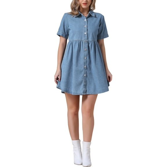 INSPIRE CHIC Women's Short Sleeve Button Down Collared Denim Babydoll Mini Dress S Light Blue