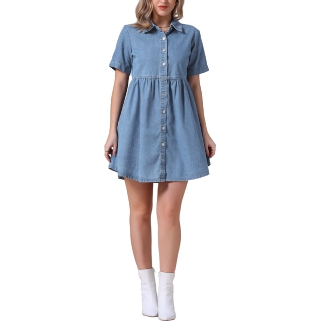 INSPIRE CHIC Vestido Mini de Jean con Cuello y Botones de Manga Corta para Mujeres S Azul Claro
