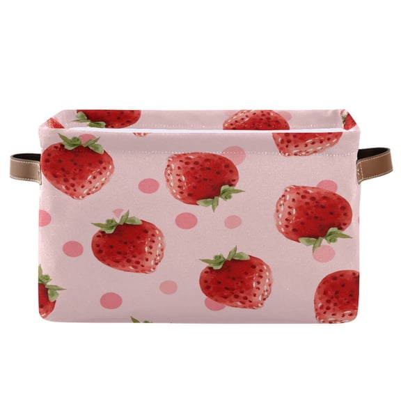 1-Pack Square Closet Organizers with Handles Open Basket Bins Strawberry and Pink Polka Storage Basket for Home Office