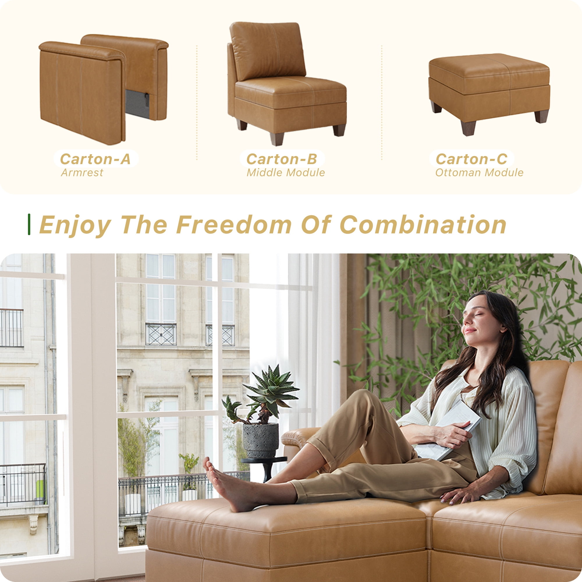 SITJOY 91" Faux Leather Modular Sectional Couches with Storage, Convertible 9 Seat U-Shaped Modular Sleeper Sofa Bed with Ottoman for Living Room, Brown