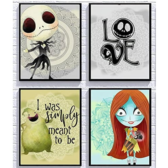 Silly Goose Gifts Nightmare Before Christmas Themed Character Wall Art Decor Baby Nursery Love (4pc Love Art Set)