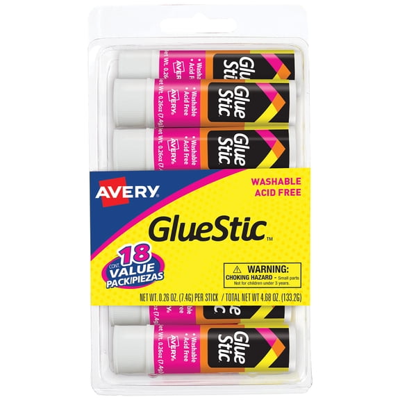 Avery Glue Stic White, 0.26 oz., Perm Adh, 18 Glue Sticks