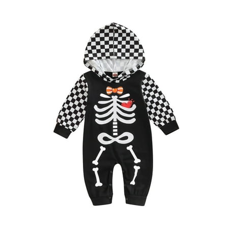 

Amuver Baby Romper Halloween Checkerboard Cartoon Patterns Long Sleeve Hooded Jumpsuit for Boys Girls 0-24 Months