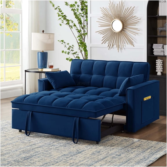 JERFIT Convertible Navy Velvet Loveseat Sofa Bed with Storage Pockets, Adjustable Backrest & Pillows, Multi-Functional Sleeper Couch for Small Spaces
