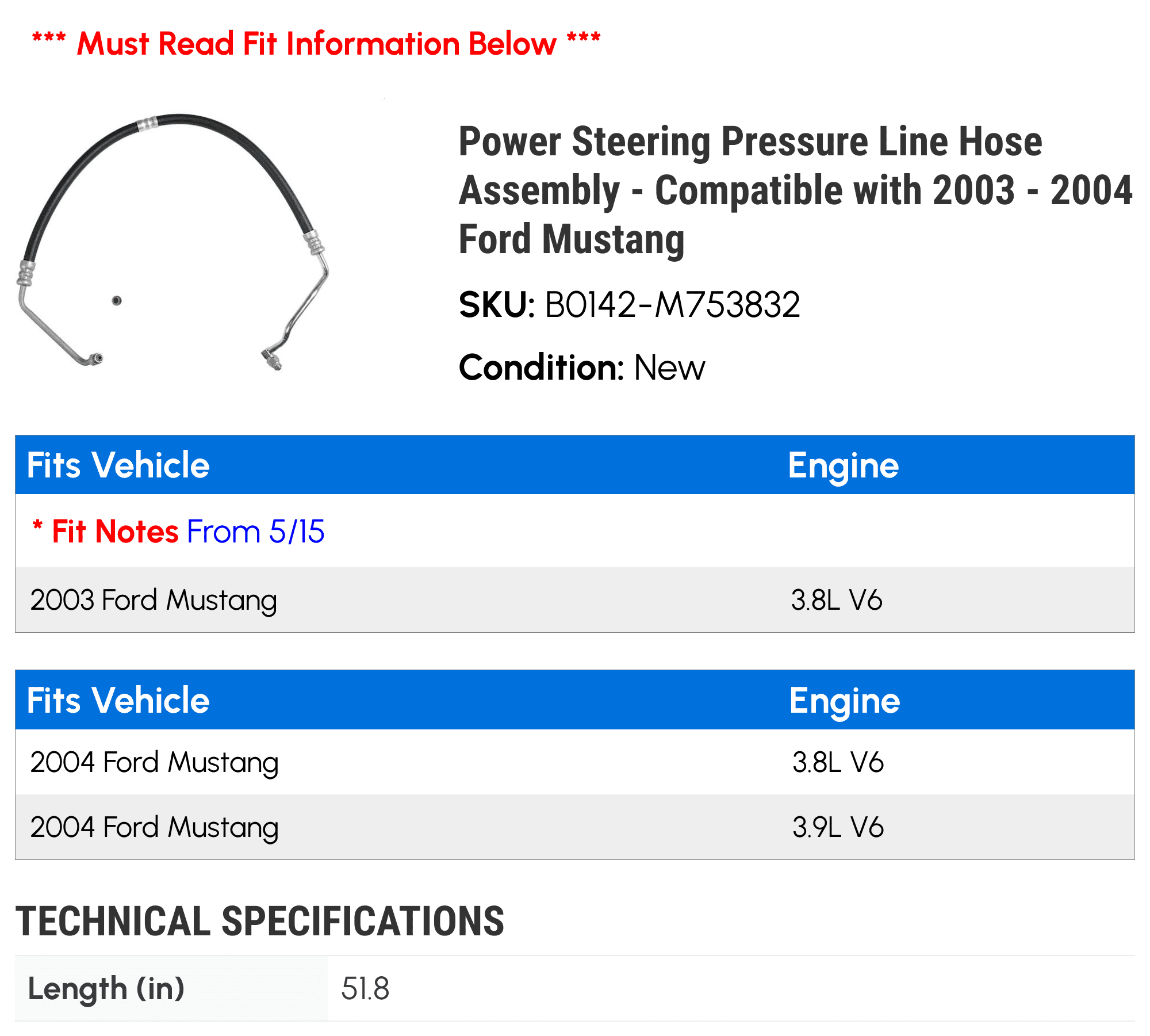 Power Steering Pressure Line Hose Assembly - Compatible with 2003 - 2004 Ford Mustang