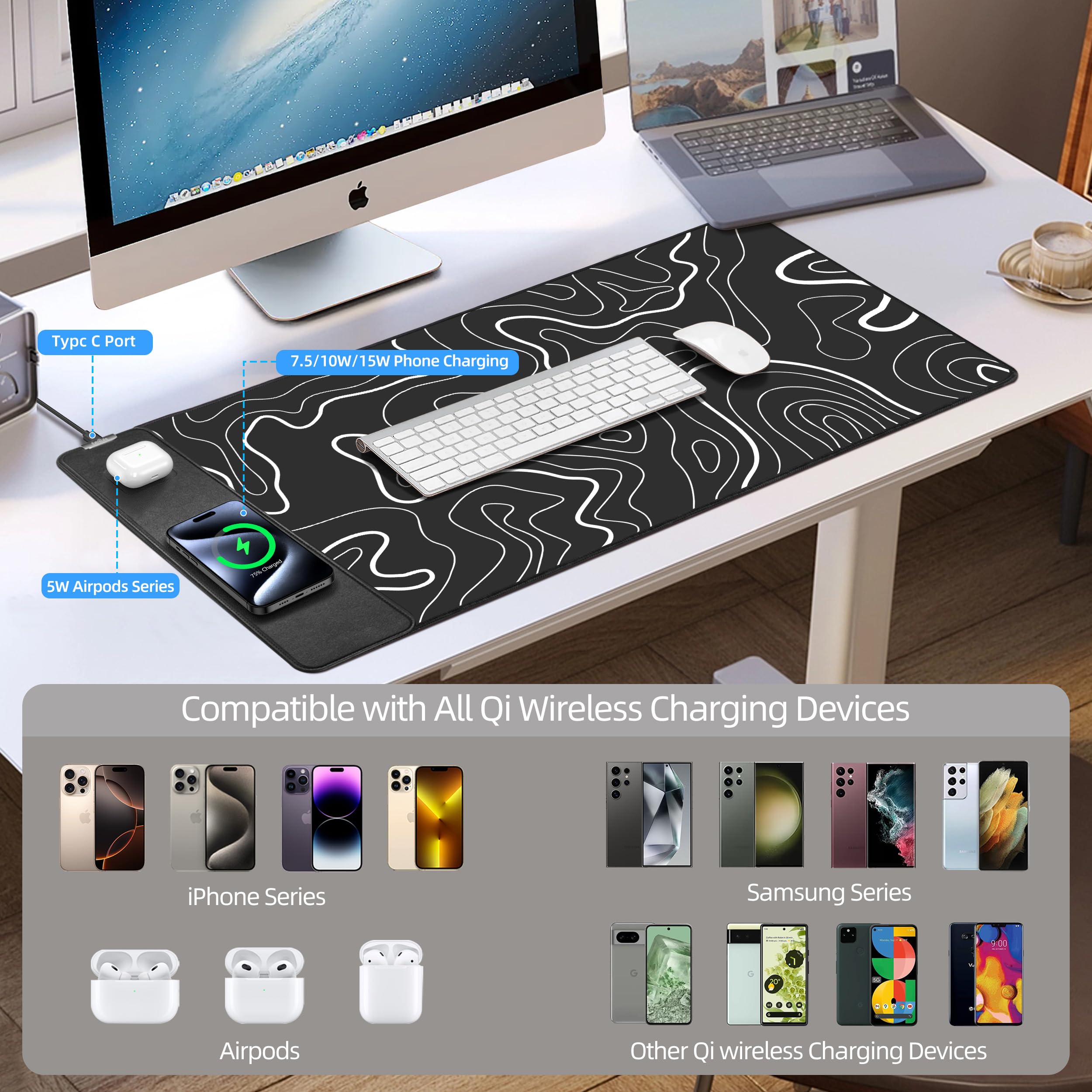Extrelife RGB Gaming Mouse Pad with Magnetic Wireless Charger, Large Mouse Mat with 15W Fast Charging for Home, Office, School