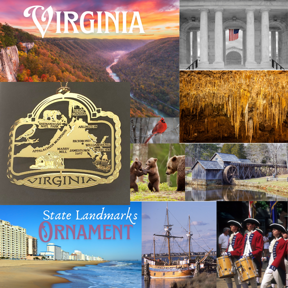 Virginia State Brass Christmas Ornament Black Leatherette Box