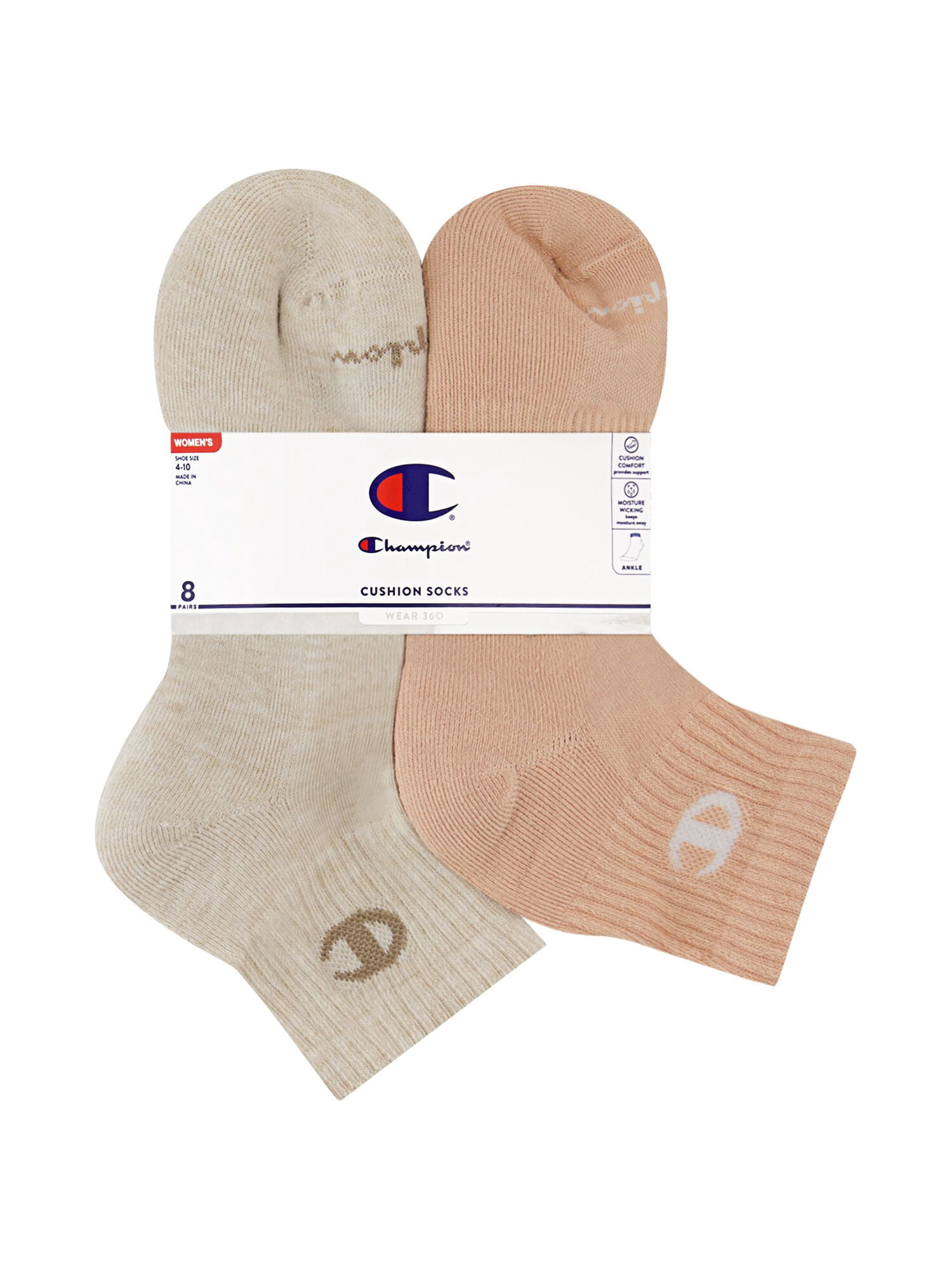 Champion Women’s Wear 360 Cushioned Ankle Socks, 8 Pack, Sizes 4-10