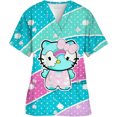 thumbnail image 1 of Kawaii Nurse Uniform Scrubs Tops Womens Cartoon Hello Kitty Print Short Sleeve Pocket Overalls Uniforms Medical Nursing Blouse, 1 of 7