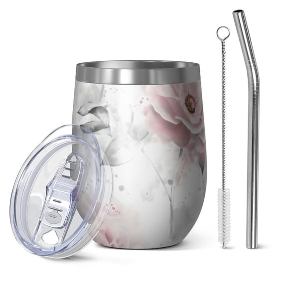 12oz Stemless Wine Tumblers Pioneer Flower Floral Print Pattern Vacuum Insulated Stainless Steel Travel Tumbler Cups Mug with Lid and Straw for Champaign,Cocktail,Beer with Cleaning Brush