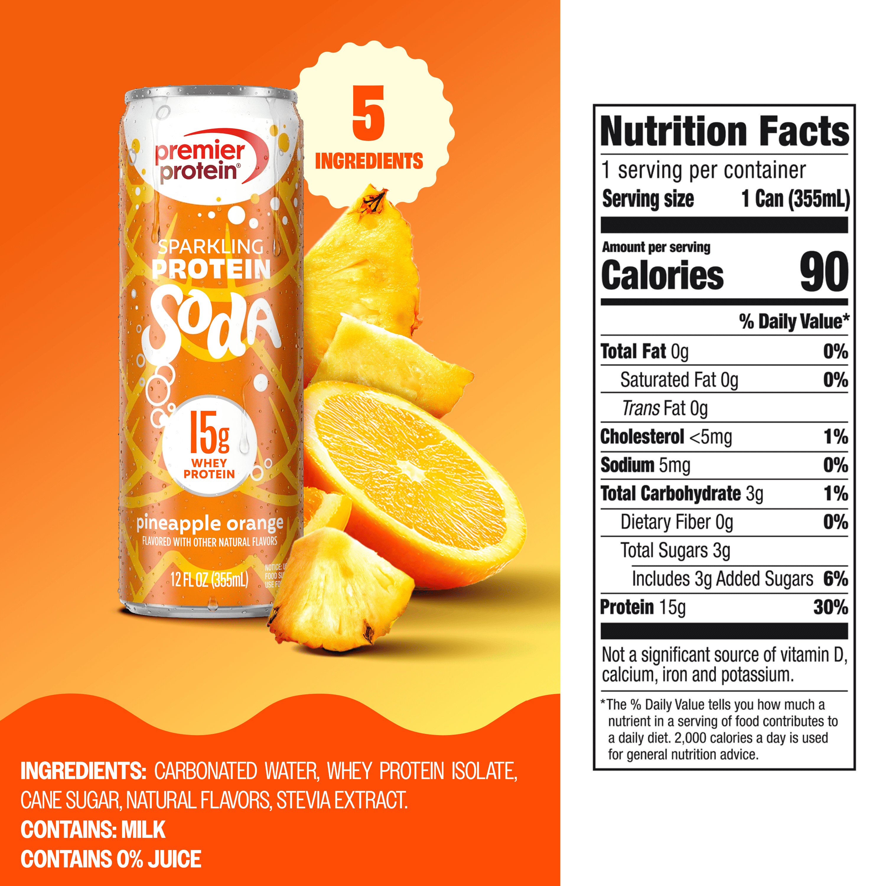 Premier Protein, Sparkling Protein Soda, 15g Protein, Pineapple Orange, 12 Fl Oz, 12 Ct