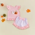 thumbnail image 2 of Zaveiop Toddler Baby Girl Halloween Outfit Little Baby Girls Summer Fall Clothes Ghost Pumpkin Embroidered Flying Sleeve Ruffled Hem Shirt Tops and Plaid Shorts 2 Piece Set Size 3-4 Years, 2 of 4