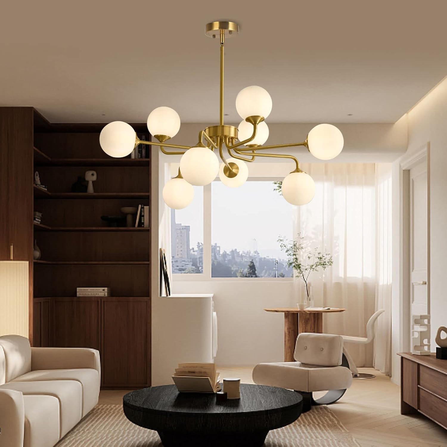 KCO Lighting 9 Light Mid Century Modern Gold Sputnik Chandelier, White Opal Glass Globe Pendant Light Fixture