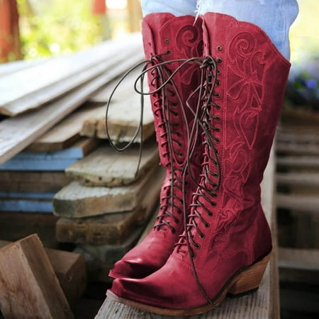 

Fall Decorations Clearance Hvyes Large Size Thick Heel Solid Color Stitched Square Toe Front Lace-up High Boots